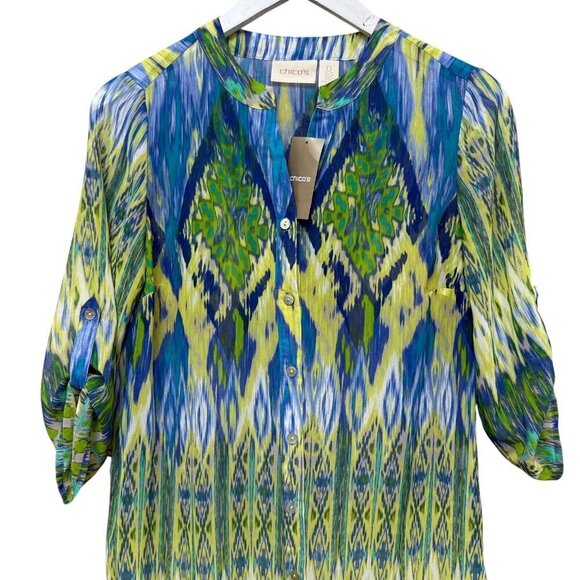 CHICO'S Ikat Breeze Top Small Petite (Chicos0) Sheer Tunic Boho Green Print NWT - Picture 3 of 10